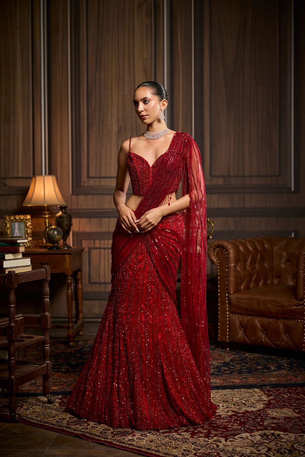 VERMELLION RED EMBELLISHED PRE-DRAPED SKIRT SAREE SET