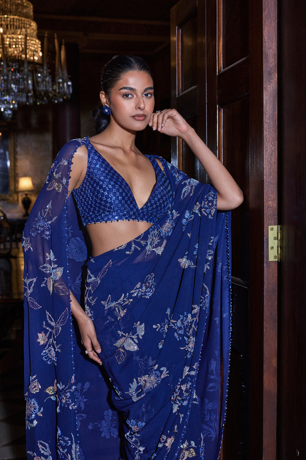 Navy Blue Floral Crystal Saree
