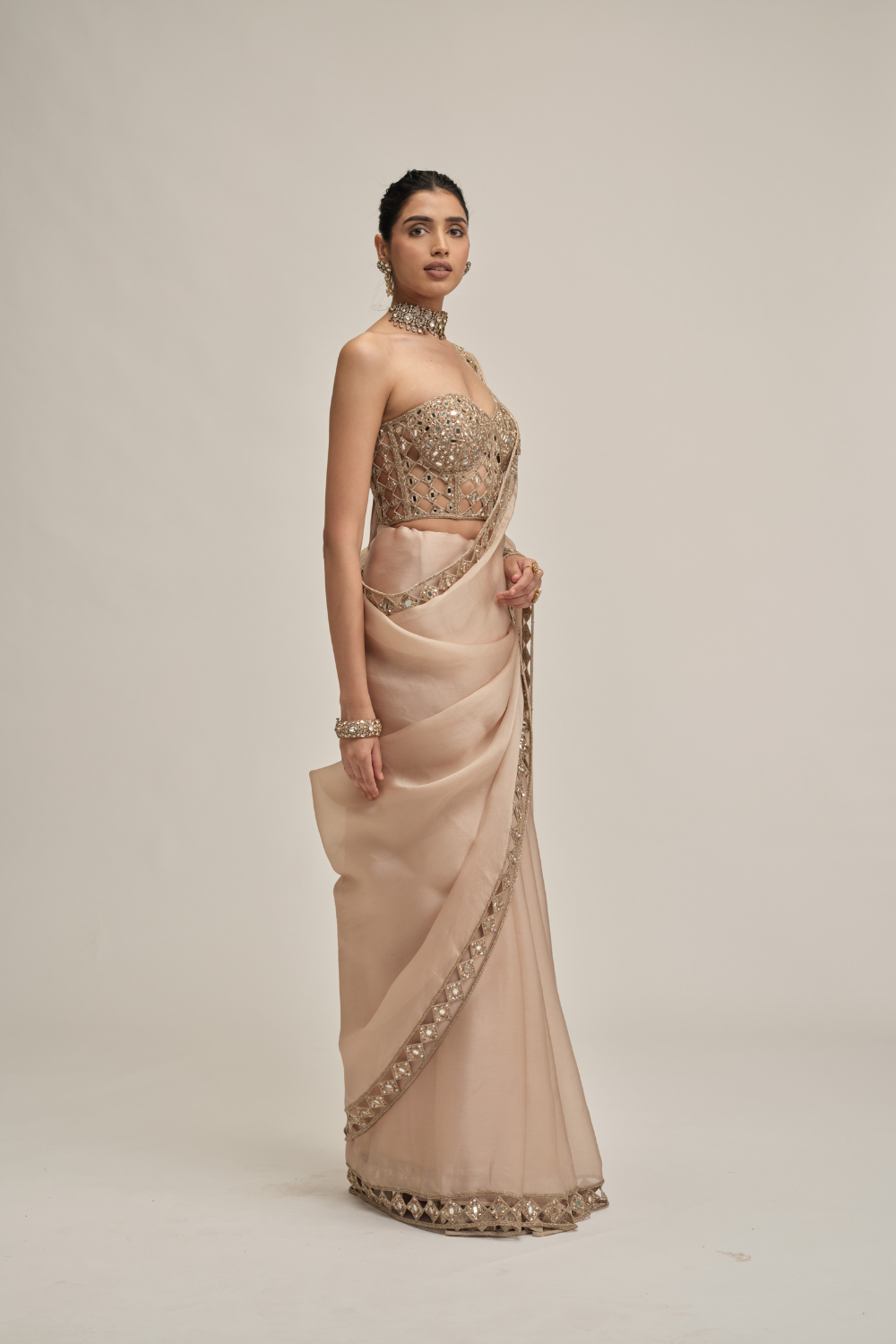 Light Beige Cutwork Border Saree with Corset Set