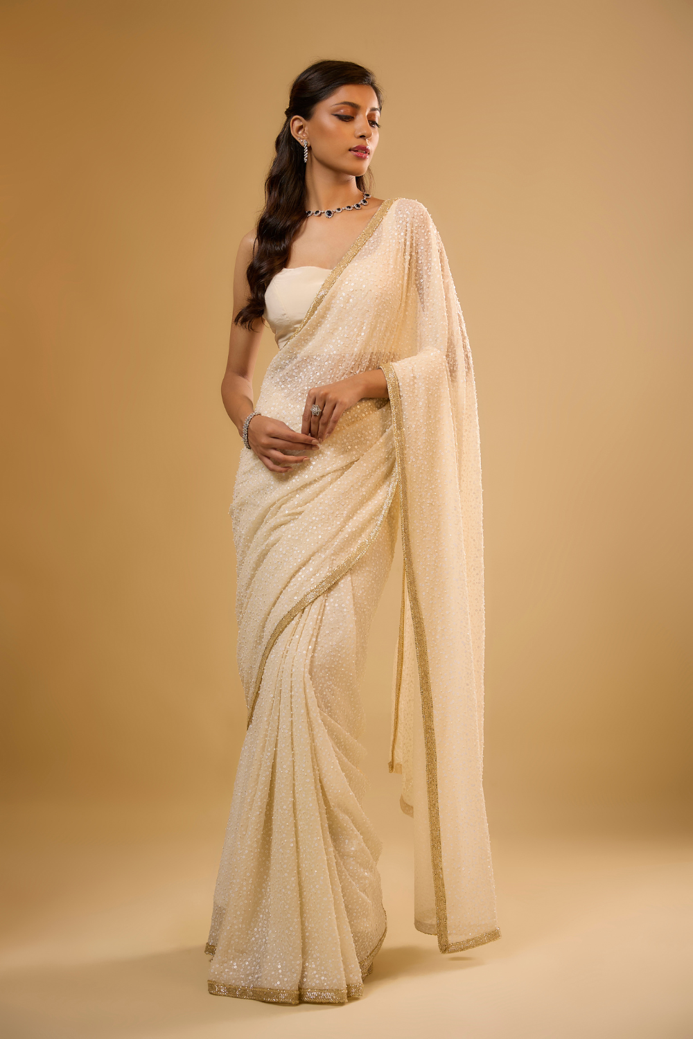 Vanilla White georgette saree set embroidered all over with sequin & glass beads