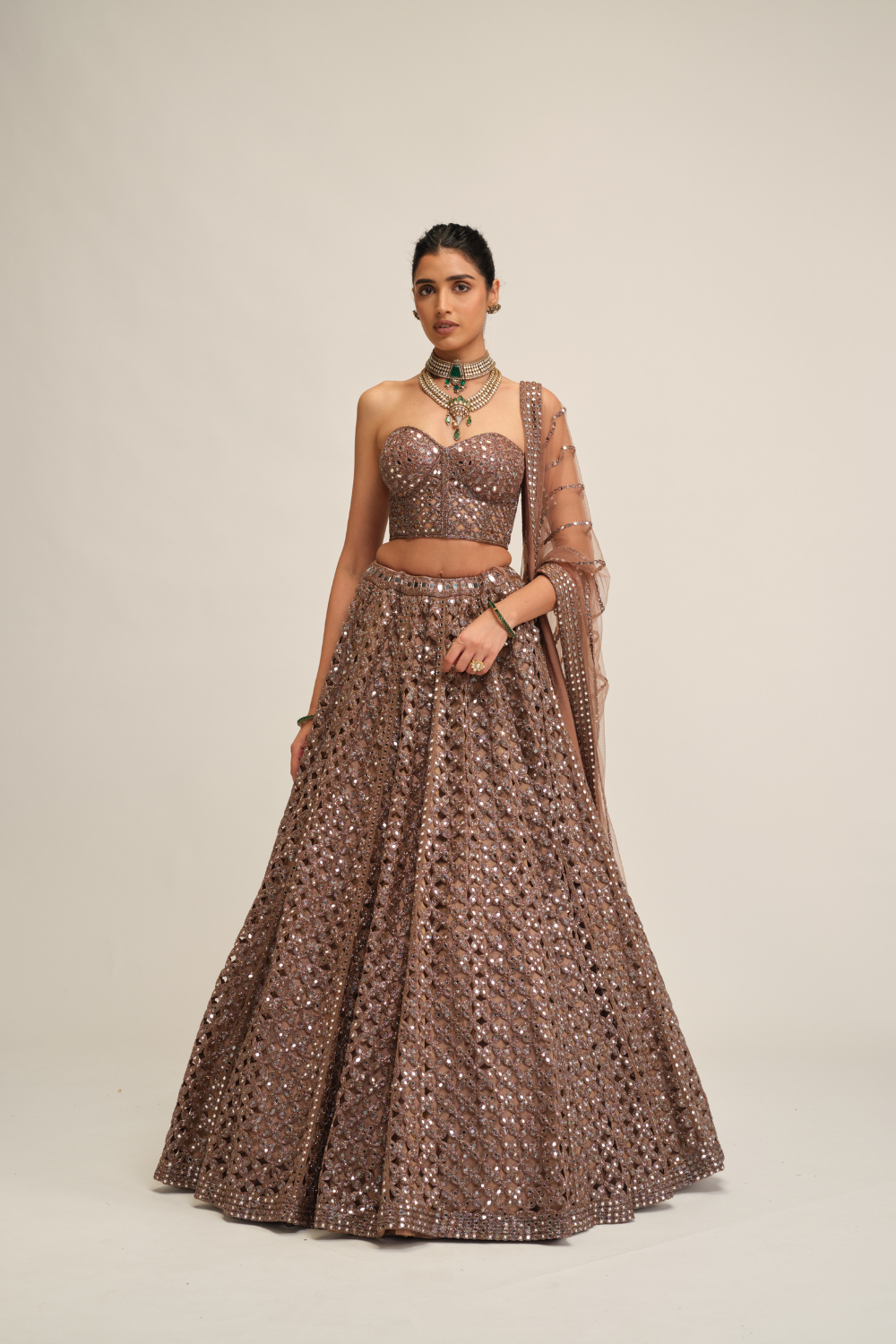 Deep Beige Flower Cutwork Lehenga Set
