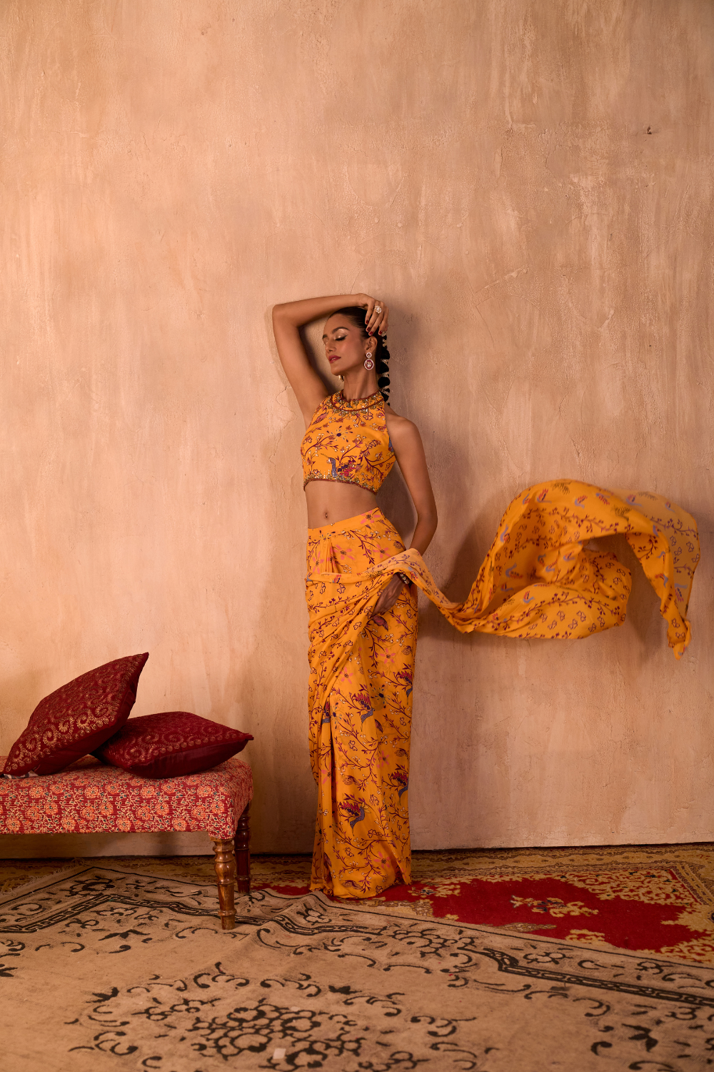 YELLOW PRINT EMBROIDERED HALTER CHOLI AND PREDRAPED SARI SET