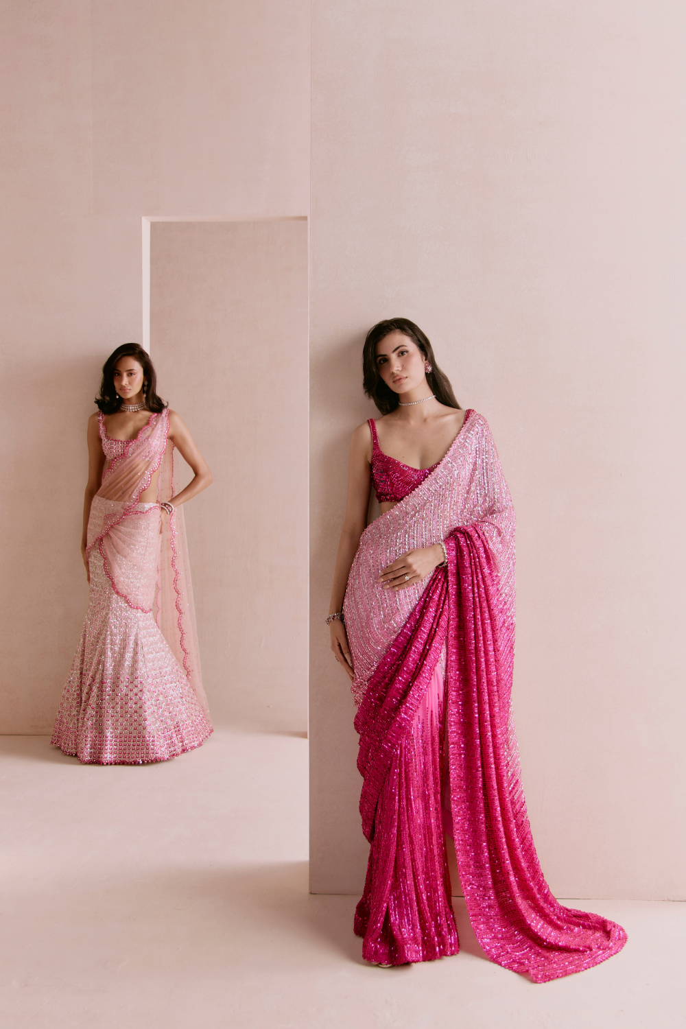Light To Hot Pink Ombre Sequin Saree