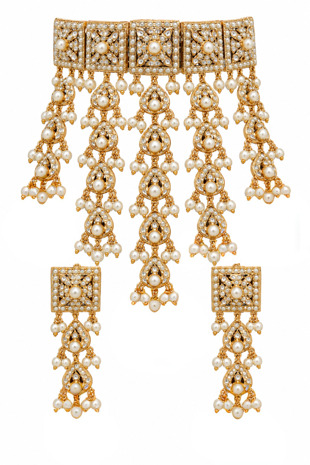 Gold Plated Handcrafted Jadau Necklace Set with Pearl Tassels