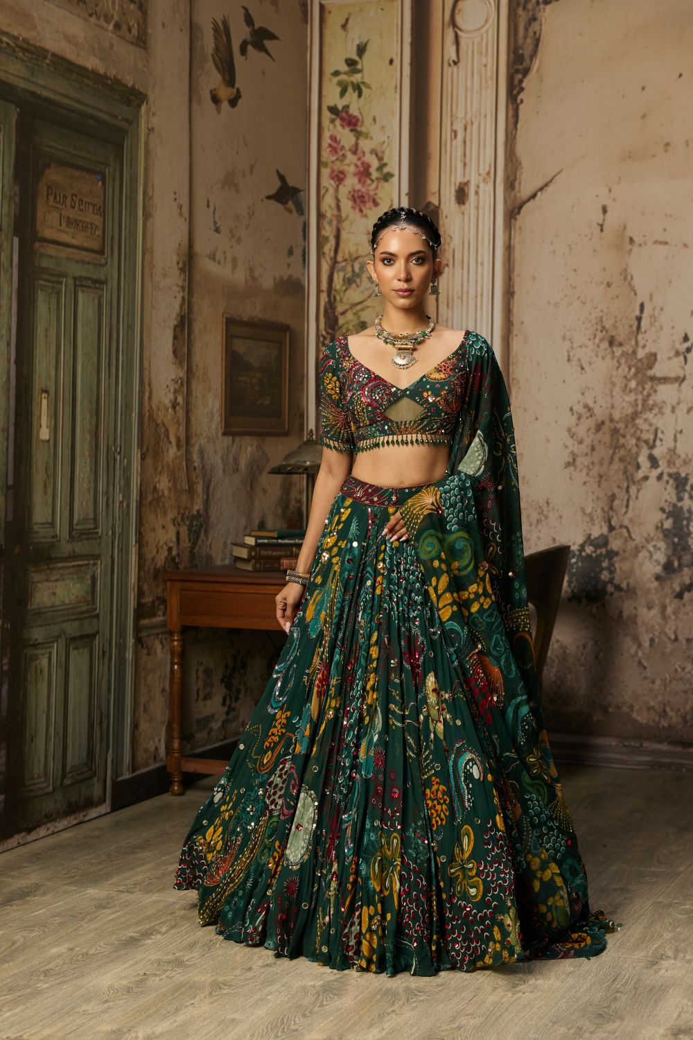DARK GREEN PRINTED AND HIGHLIGHTED LEHENGA SET