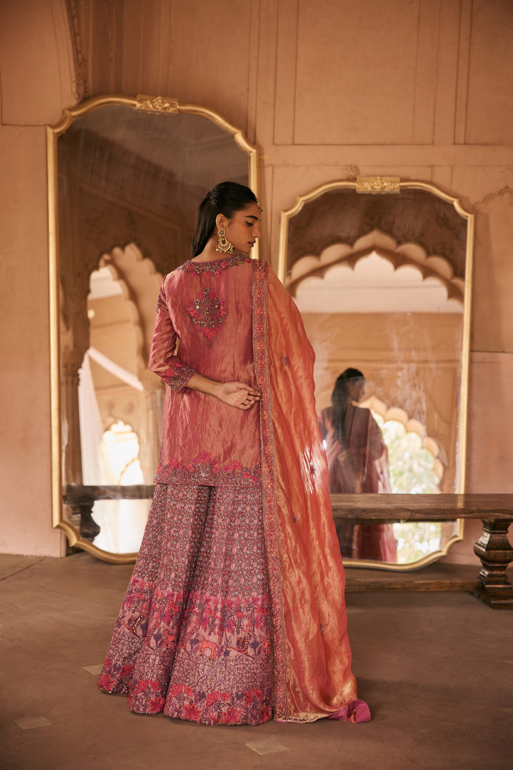 Pink, Rust, Resham, Tissue, Sharara Set