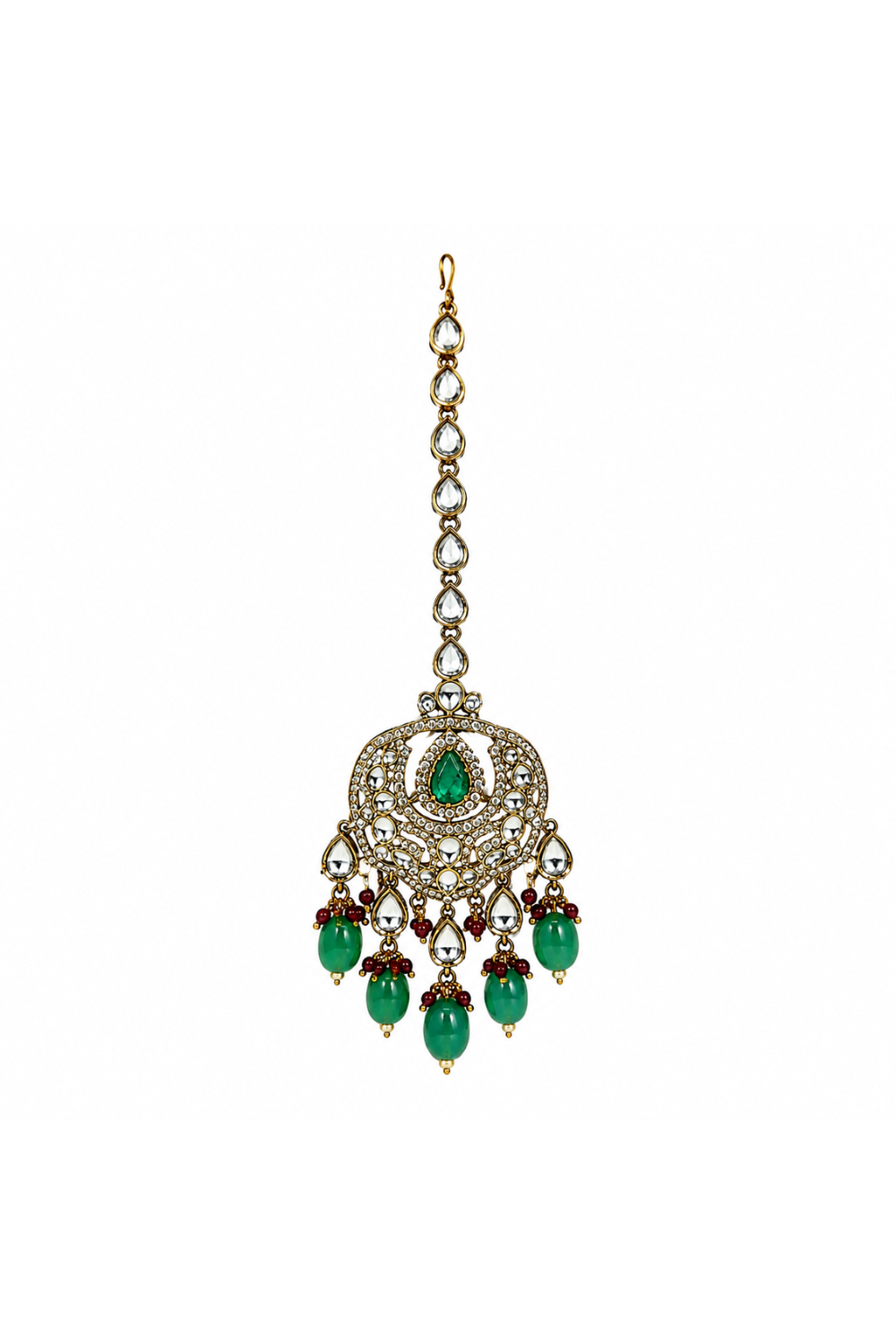 Emerald Green Semi-Precious Stone Kundan Long Necklace Set with Maang Tikka