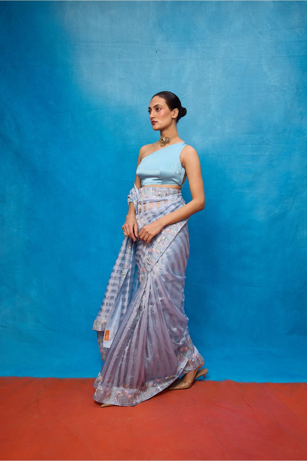 Handwoven Ice Blue Tissue Embroidered Saree