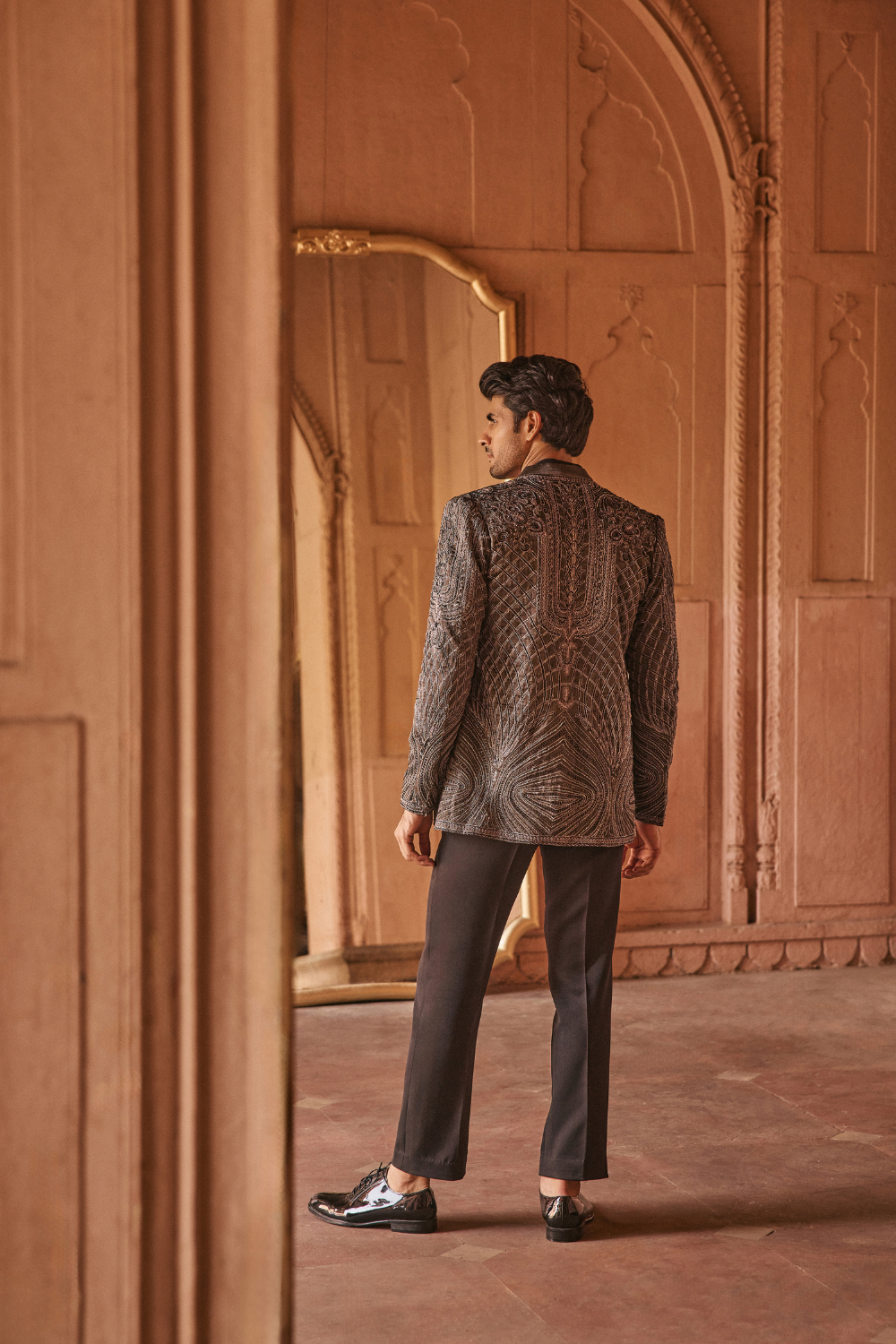 Black, dori embroidery, tissue, jacket ensemble