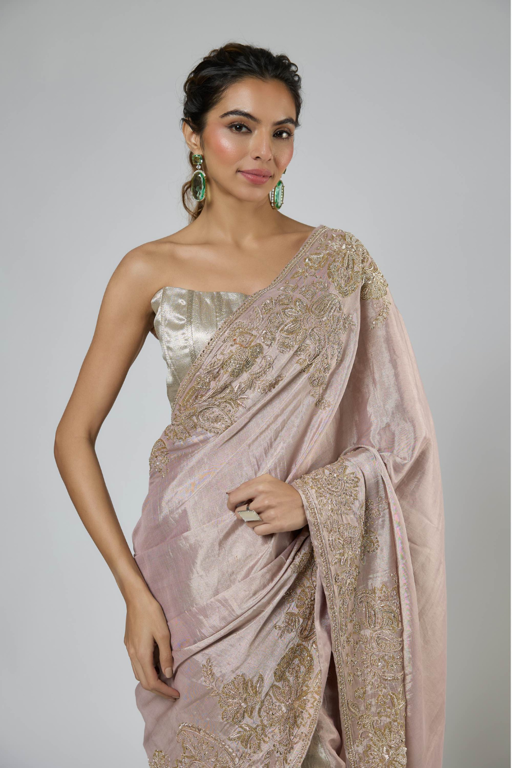 PINK AND SILVER JACQUARD ZARDOZI EMBROIDERED SAREE WITH CORSET BLOUSE