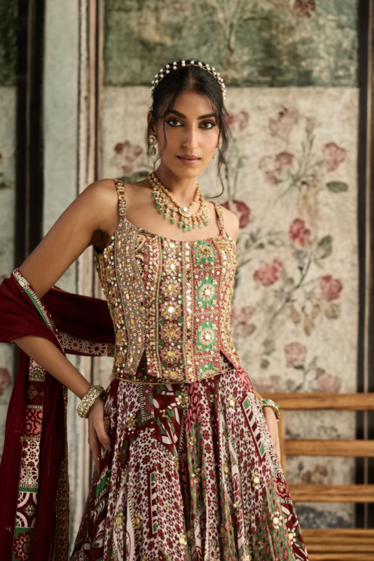 SAGE-MAROON PRINT AND HIGHLIGHTED CORSET BLOUSE LEHENGA SET