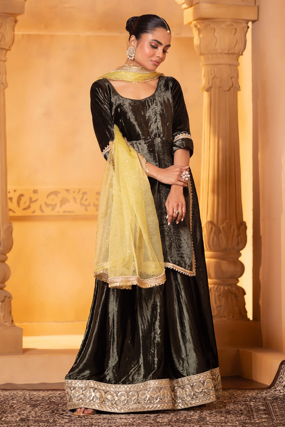 Olive Green Velvet Kurta and Sharara Set