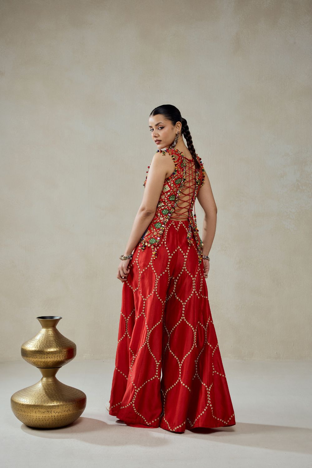 Red Patola Silk With Worked Sharara Set