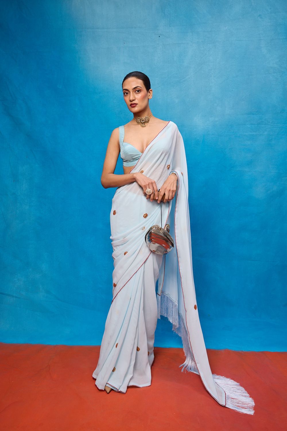Handwoven Ice Blue Georgette Embroidered Saree