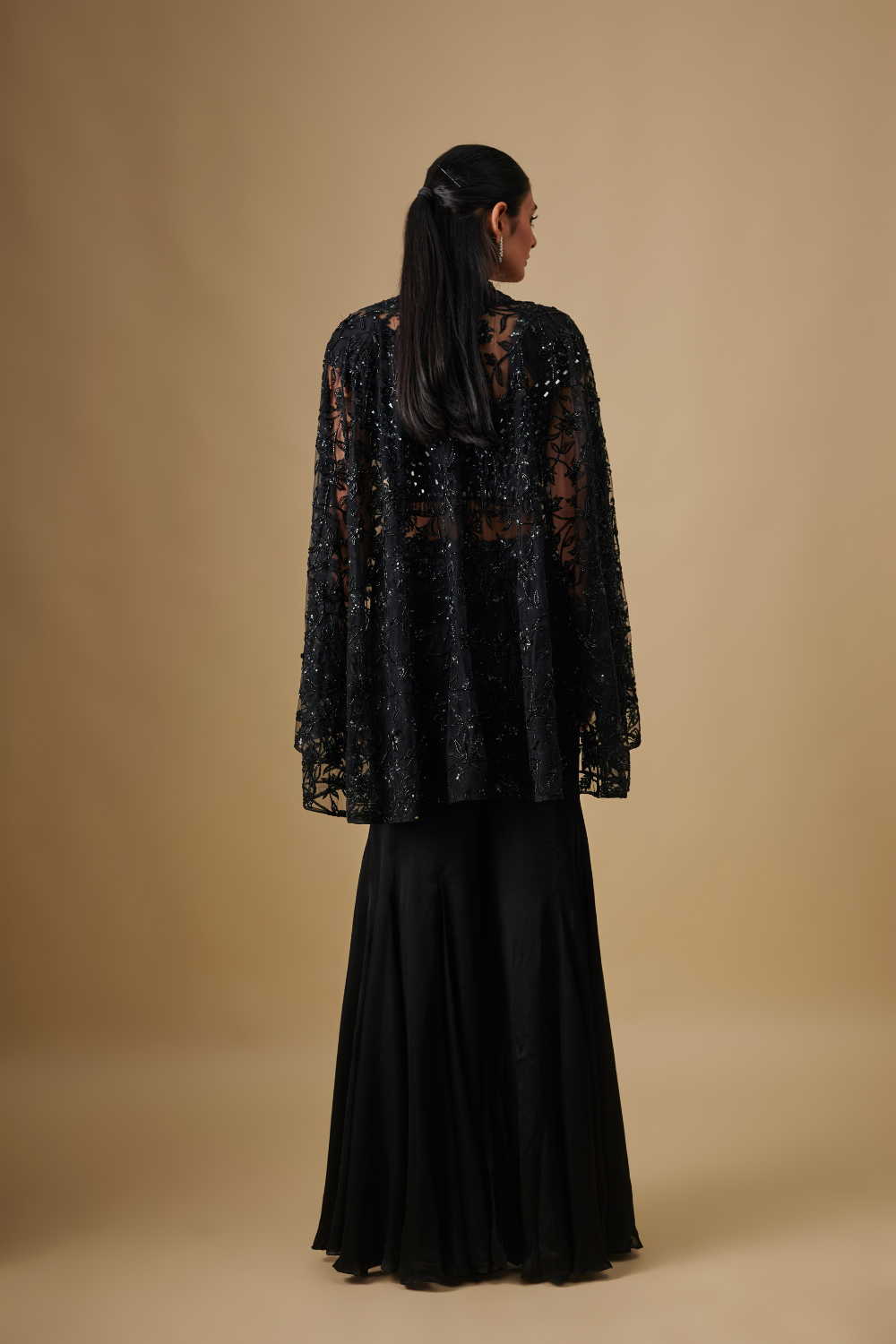 Coral- Black sharara Mirror Blouse with Cape