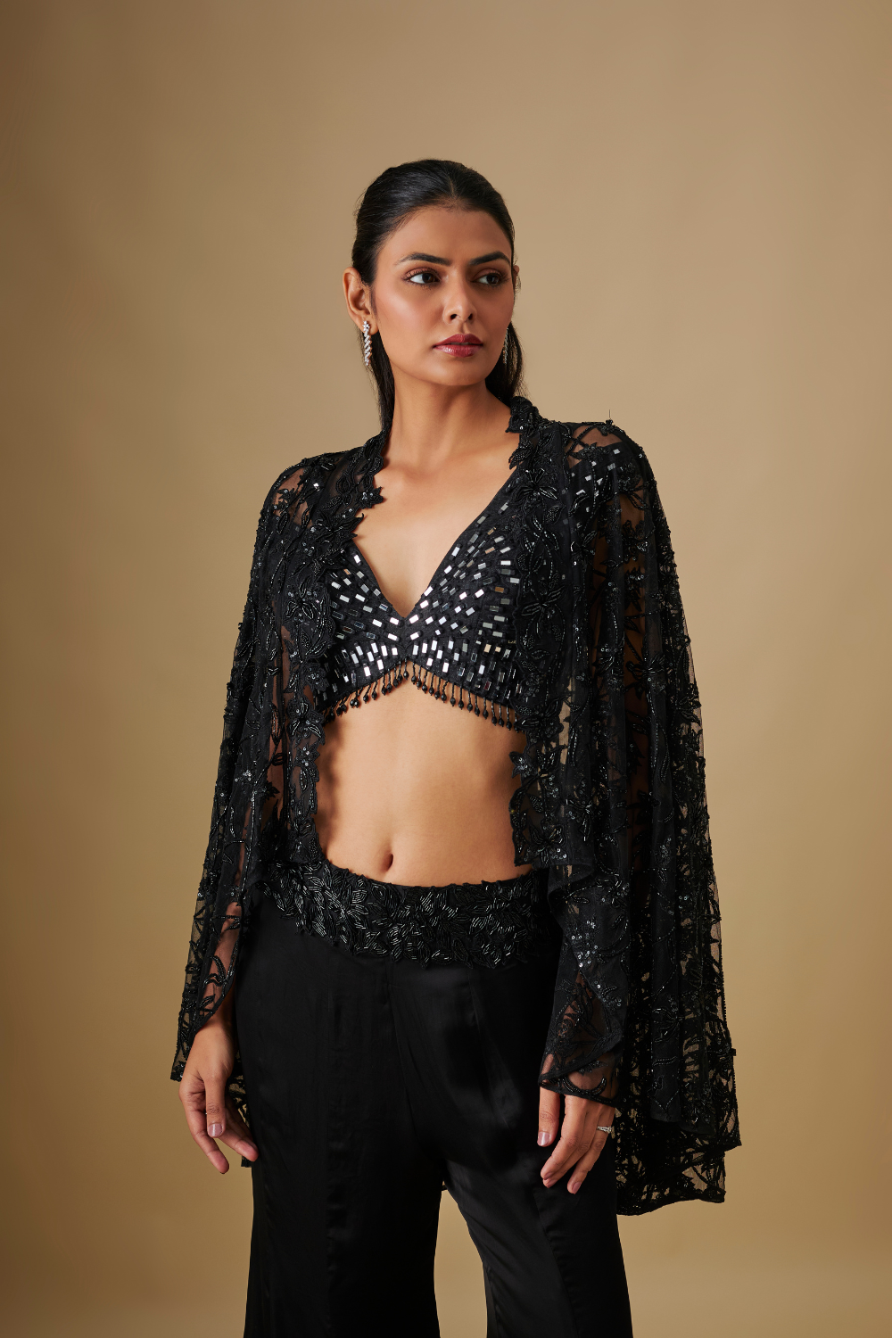 Nerida- Black Long Jacket with Drape & Floral Blouse