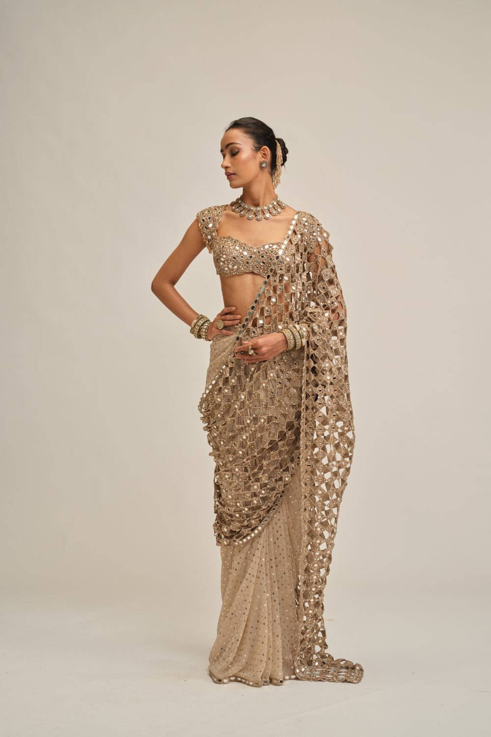 Light Beige Cutwork Pallu Saree Set