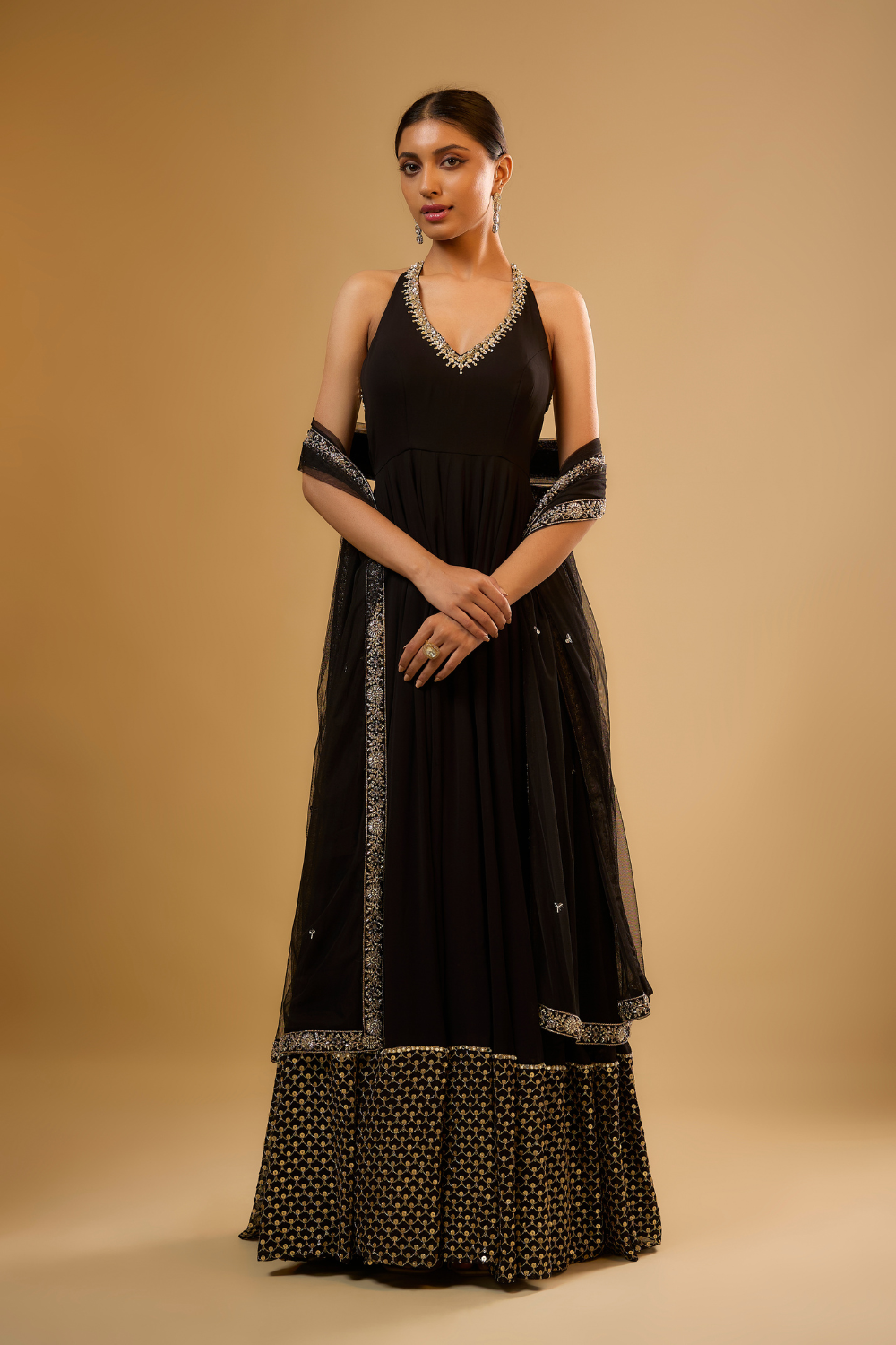 Black georgette anarkali set embroidered with gold cut dana & sequins