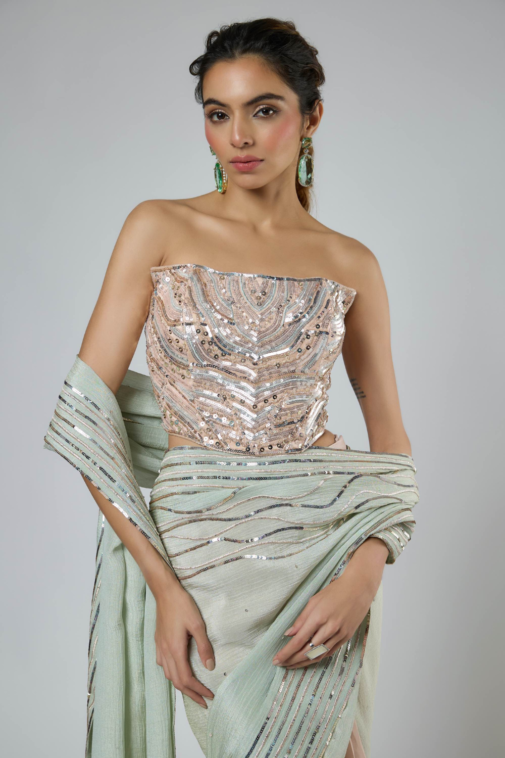 LIGHT MINT AND PINK OMBRE INTRICATE EMBROIDERED SAREE WITH CORSET BLOUSE