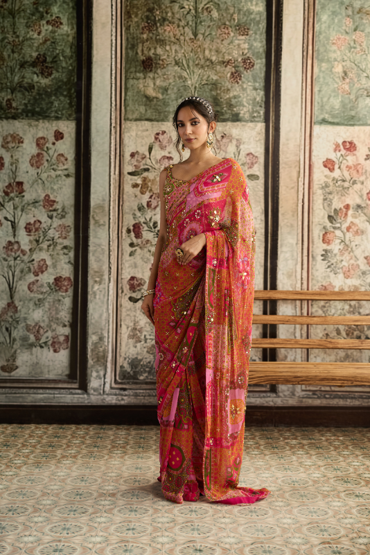 SAGE BUTTA PRINT AND HIGHLIGHTED ONE-SHOULDER BLOUSE WITH YELLOW-FUSCHIA PRE-DRAPED CLASSIC SAREE SET