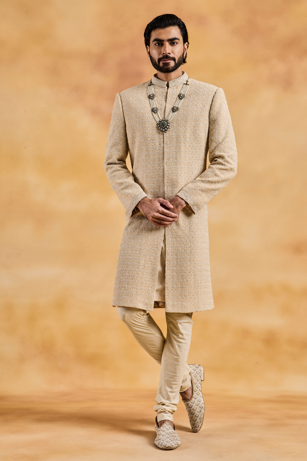 Champagne Raw Silk Sherwani Kurta Churidar Set