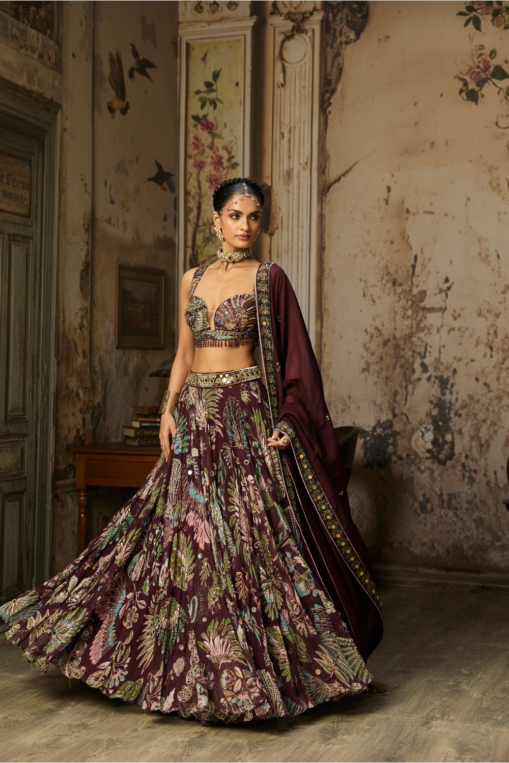 PLUM PRINTED AND HIGHLIGHTED LEHENGA SET