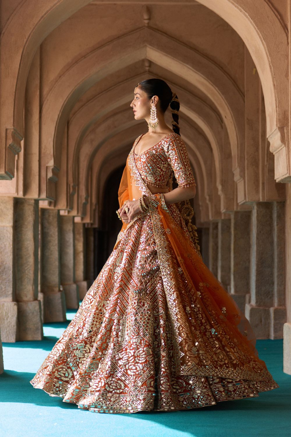 TEJ — Rust Orange Organza Lehenga Set