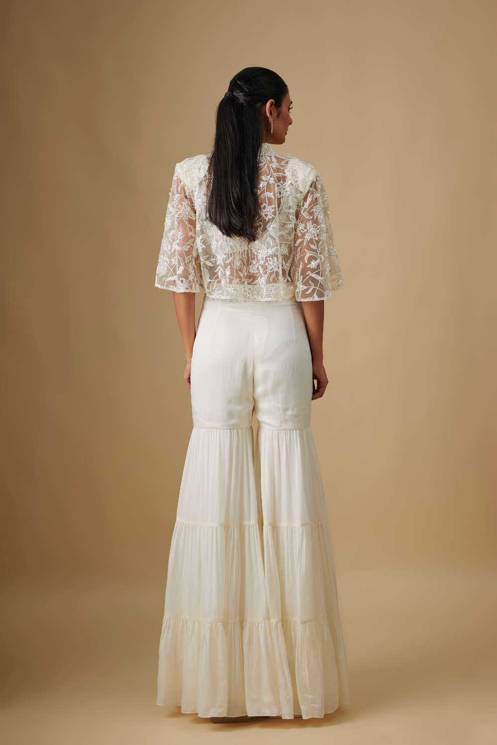 Seabryn- Ivory Sharara Mirror Blouse With Cape