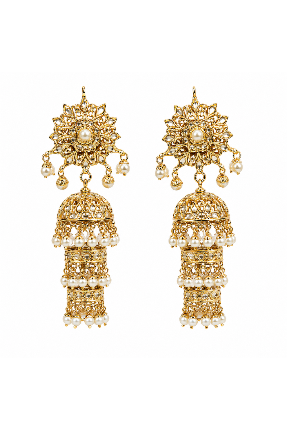 Three-Layer Jadau Pearl Jhumka Earrings