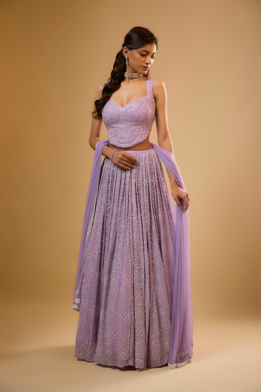 Lavender georgette lehenga set embroidered with sequins, glass beads & threadwork