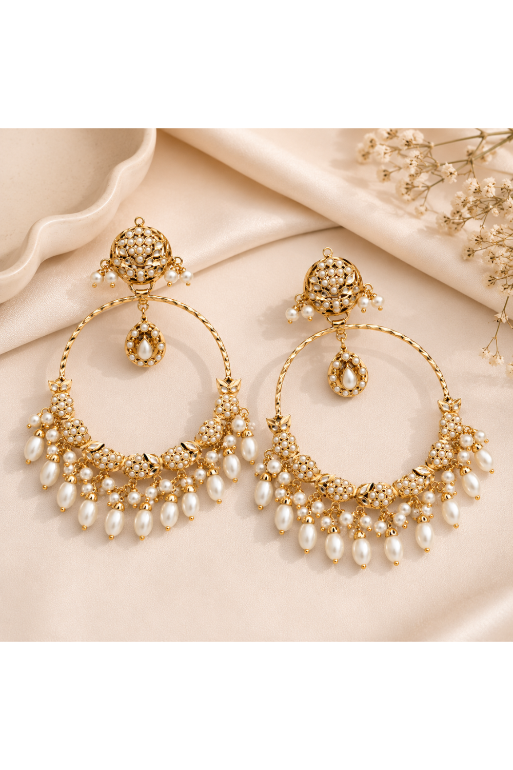 Jadau Pearl Embellished Oversized Hoop Earrings