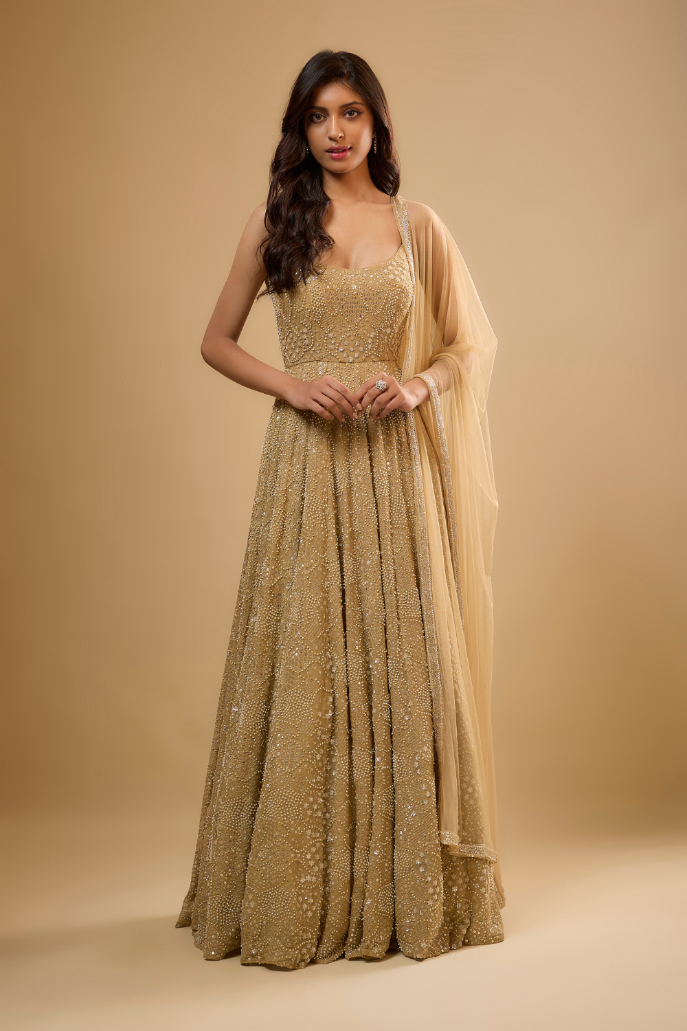 Gold georgette anarkali gown set embroidered with glass beads & sequins