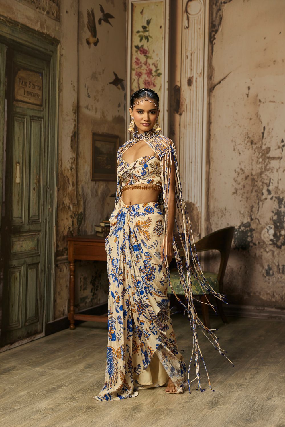 IVORY PRINTED AND HIGHLIGHTED BLOUSE WITH FRINGE JACKET & SKIRT SET