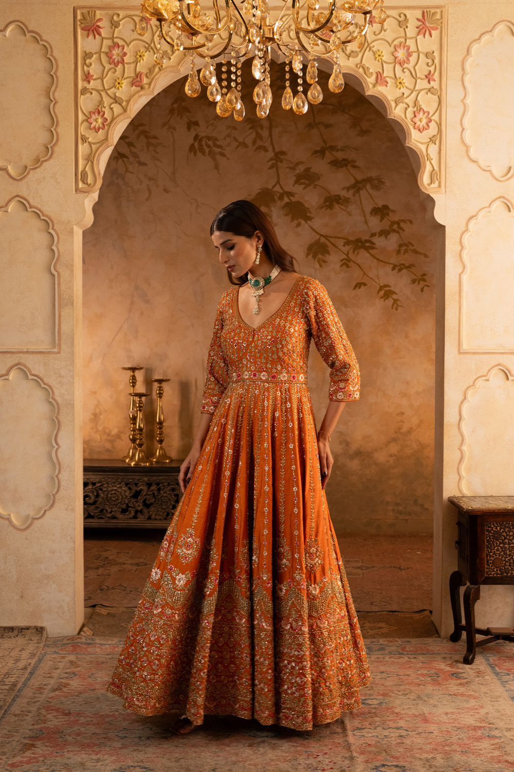 Rust Raw Silk Anarkali Set
