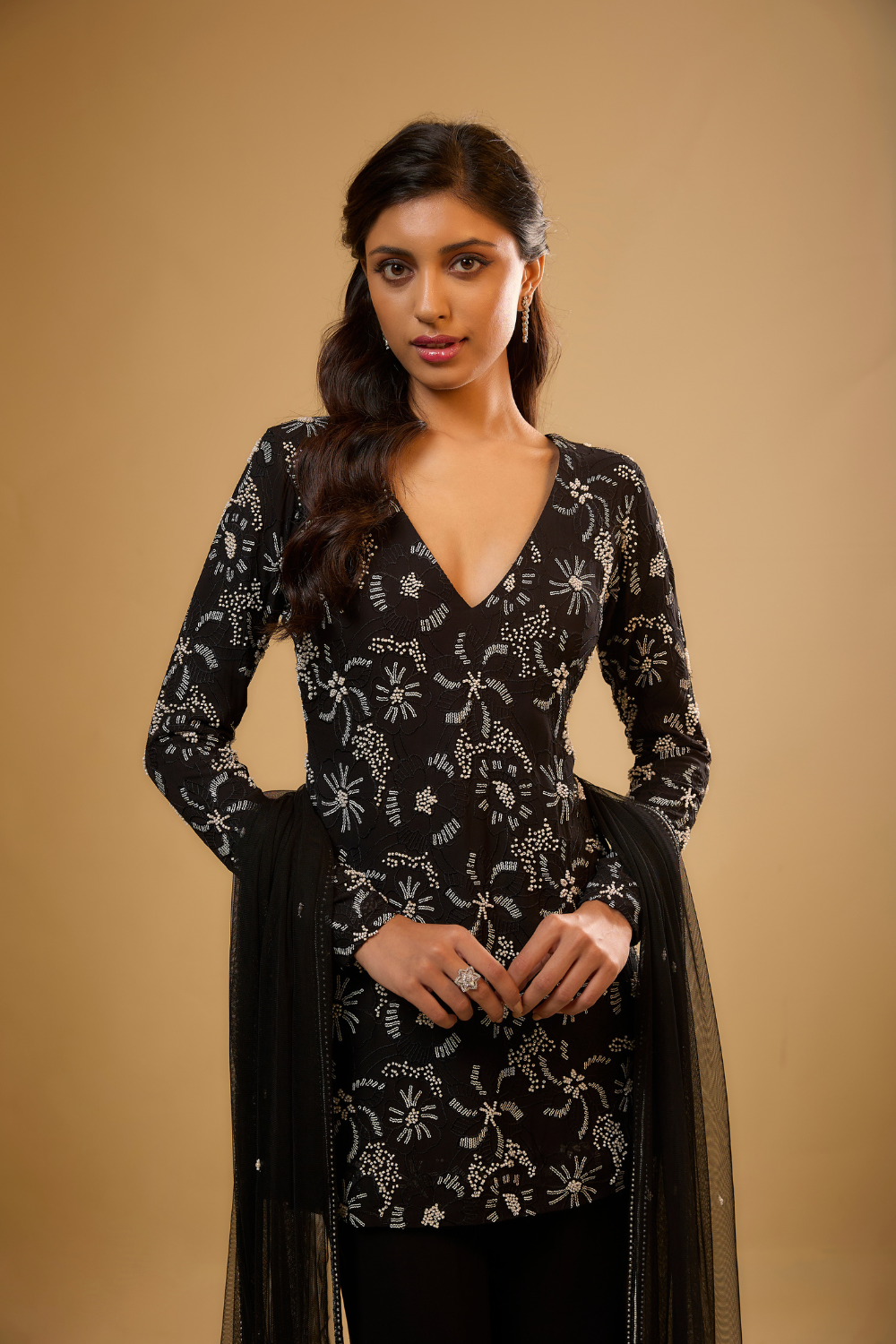 Black georgette kurta sharara set embroidered with sequins, glass beads & threadwork