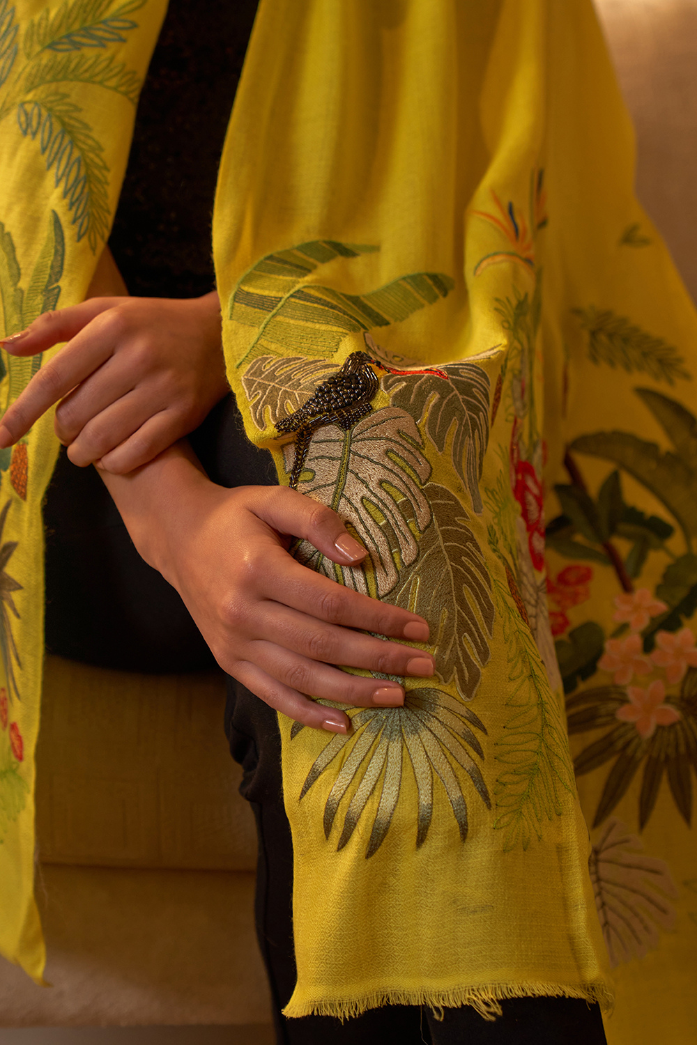A Toucan's Day | Embroidered Fine Merino Wool Stole – Empire Yellow