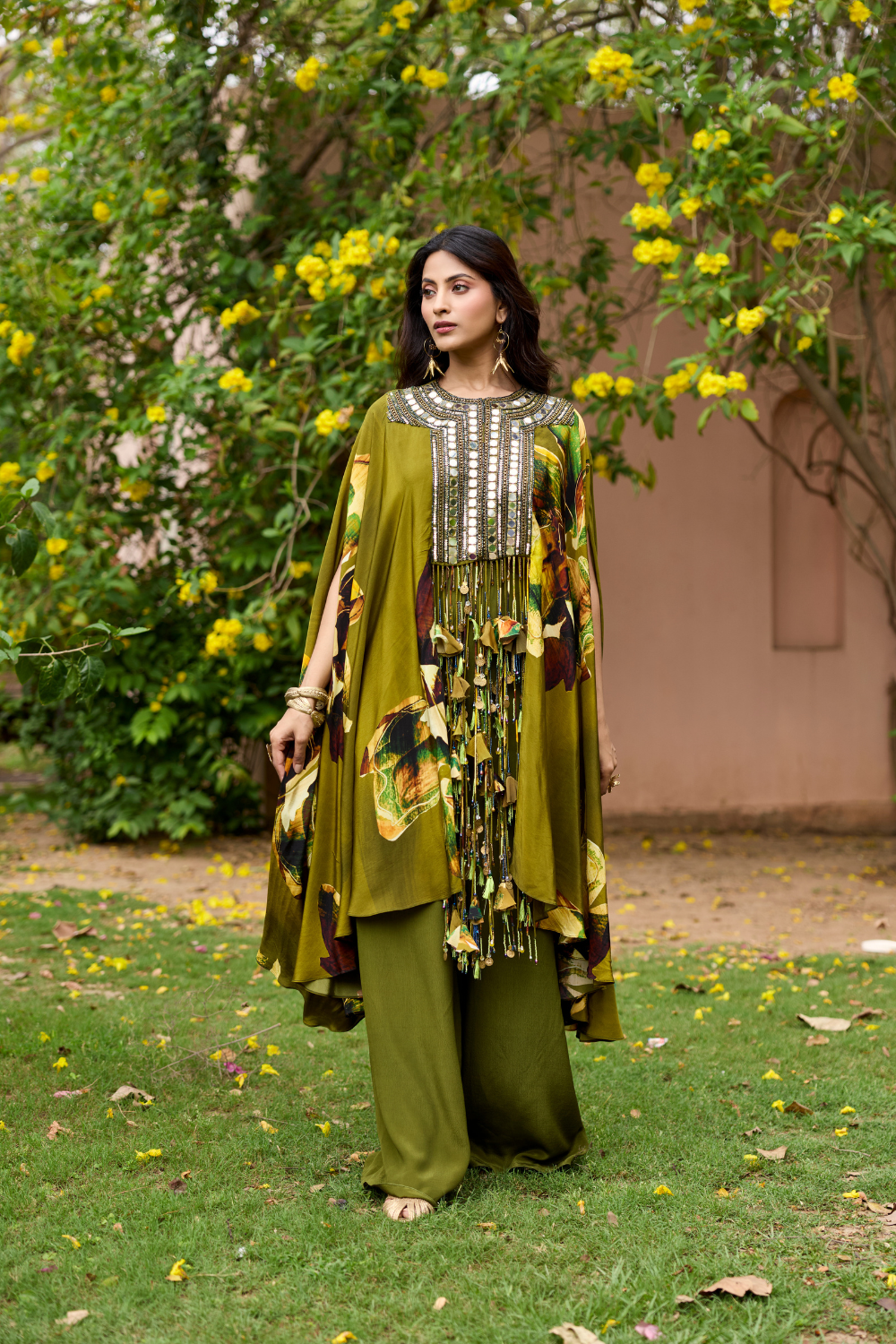 MATCHA GREEN FLORAL EMBROIDERED YOKE KAFTAN SET