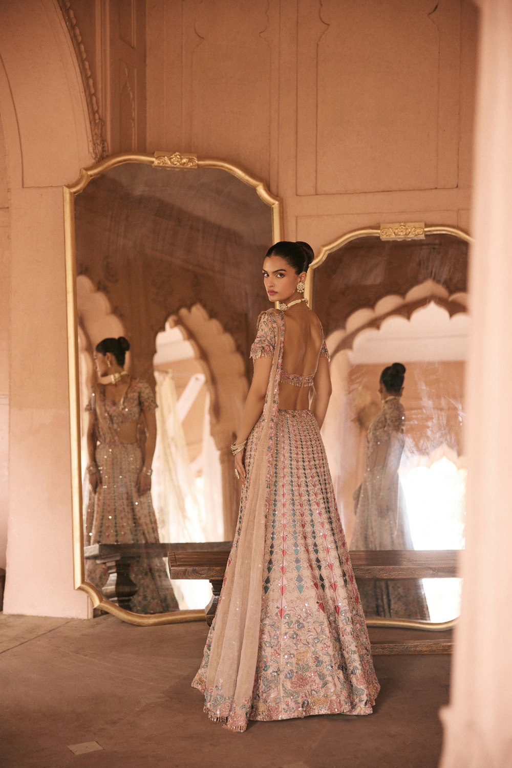 Multi-coloured, beige, Dori, Tissue, Sari Lehenga Set