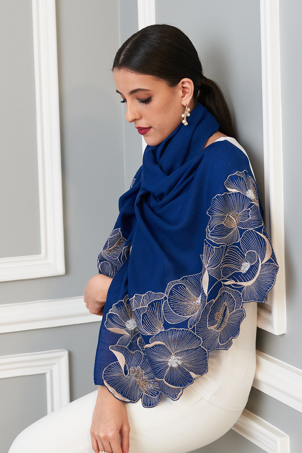 Poppy Affair | Embroidered Wool Silk Stole – True Blue