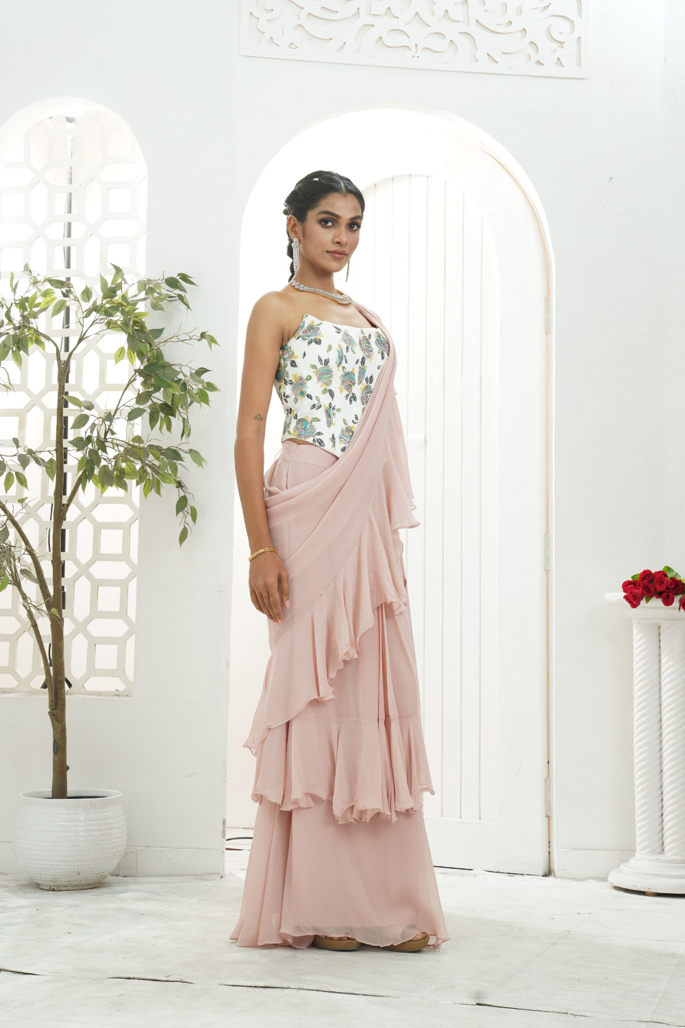 Mauve ruffle saree and hand painted corset set