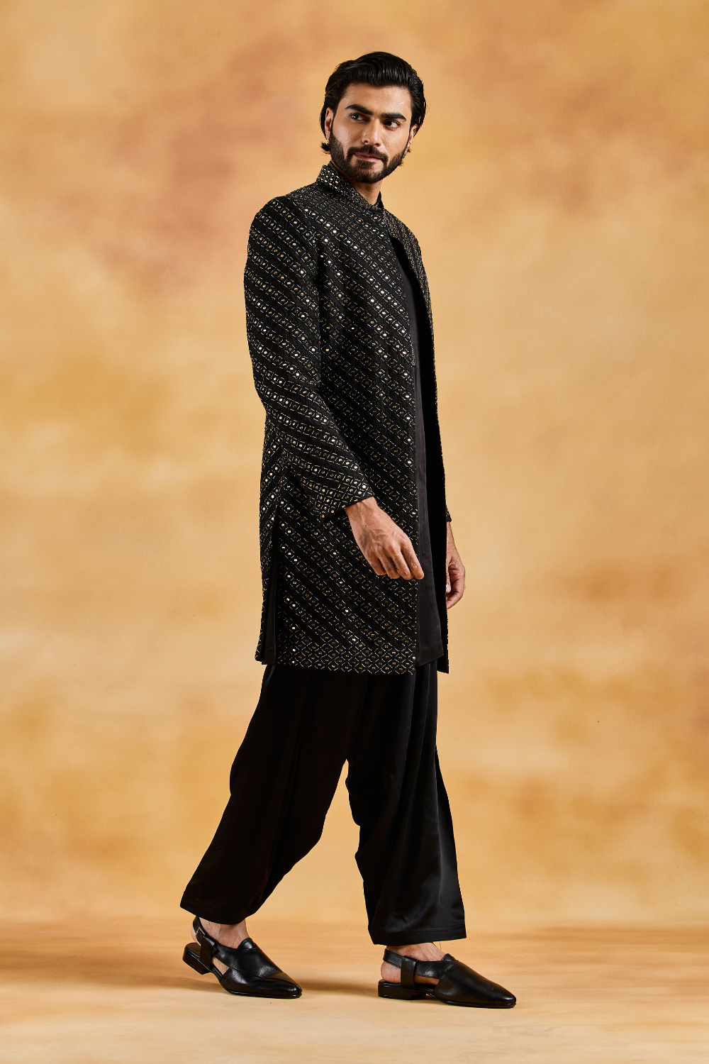 Black Open Sherwani with Kurta and Salwar