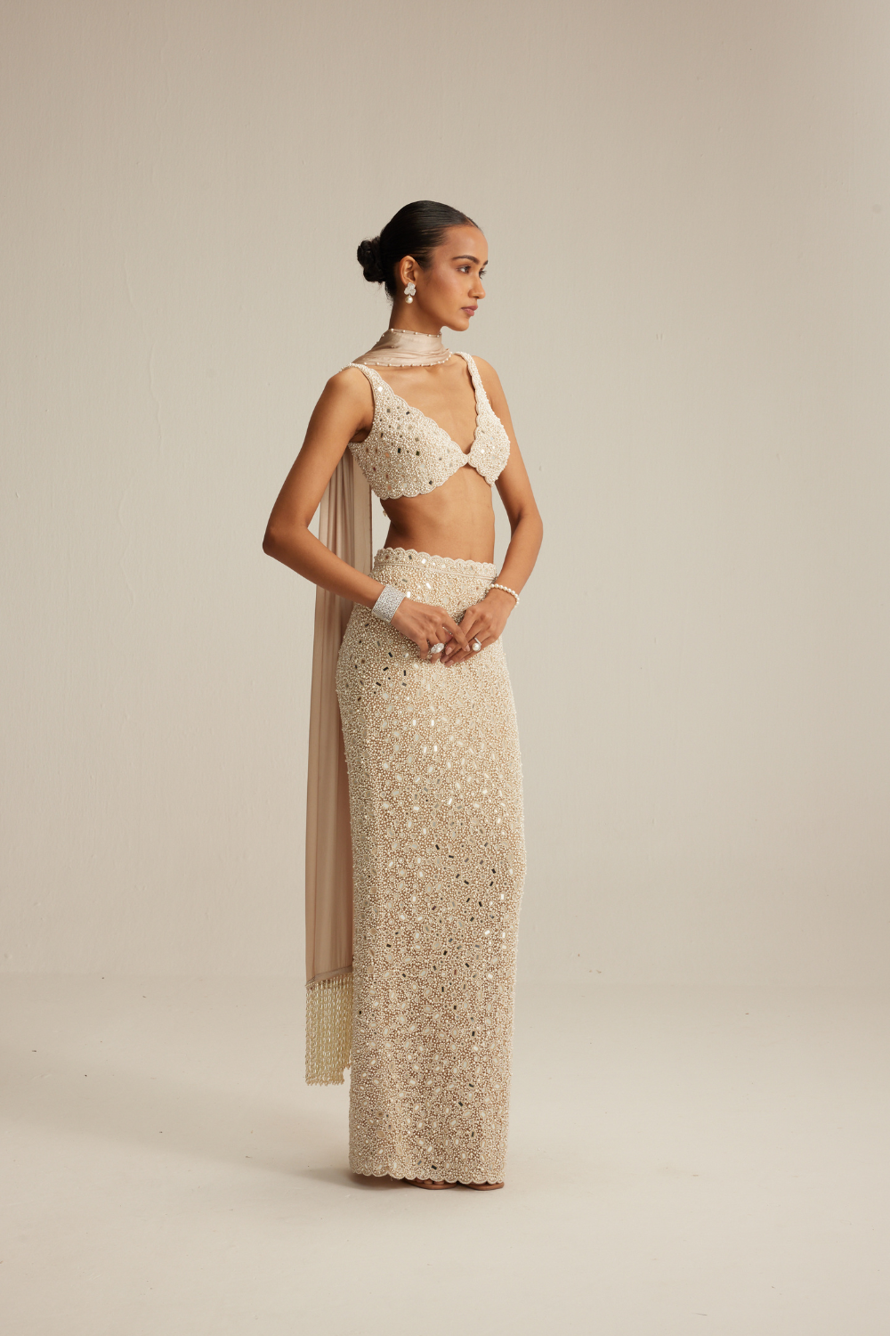 Light Beige Dense Pearl and Mirror Pencil Skirt with V Neck Blouse