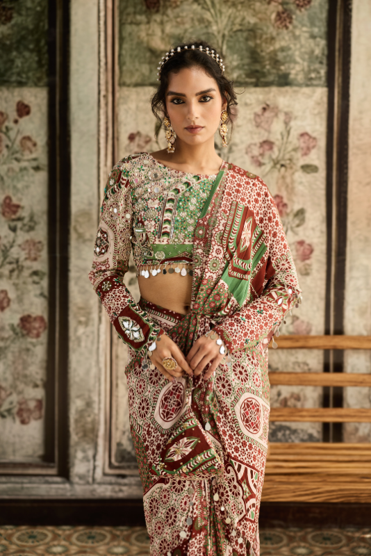 SAGE-MAROON PRINT AND HIGHLIGHTED  DHOTI SAREE SET