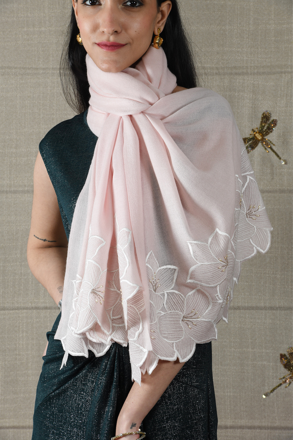 Midnight Bloom | Embroidered Wool Silk Stole – Pearl