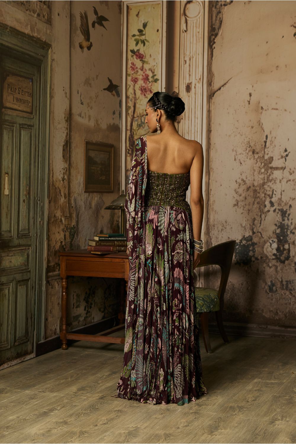 PLUM PRINTED AND EMBROIDERED DRAPE GOWN SAREE
