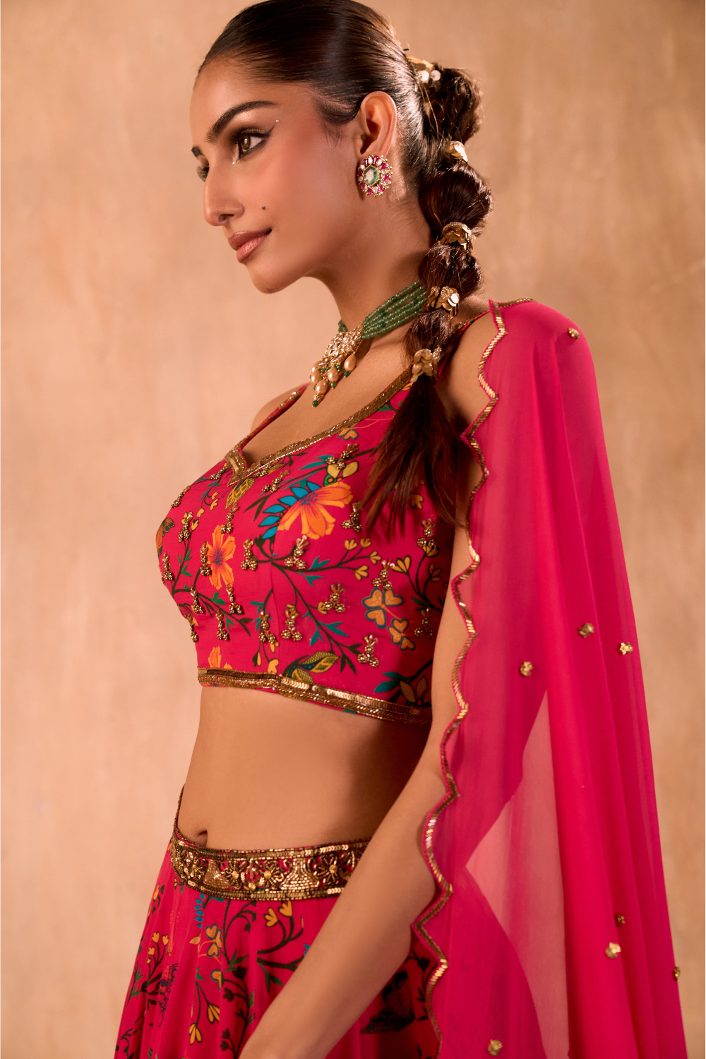 PINK PRINT EMBROIDERED CHOLI, LEHENGA AND DUPATTA SET