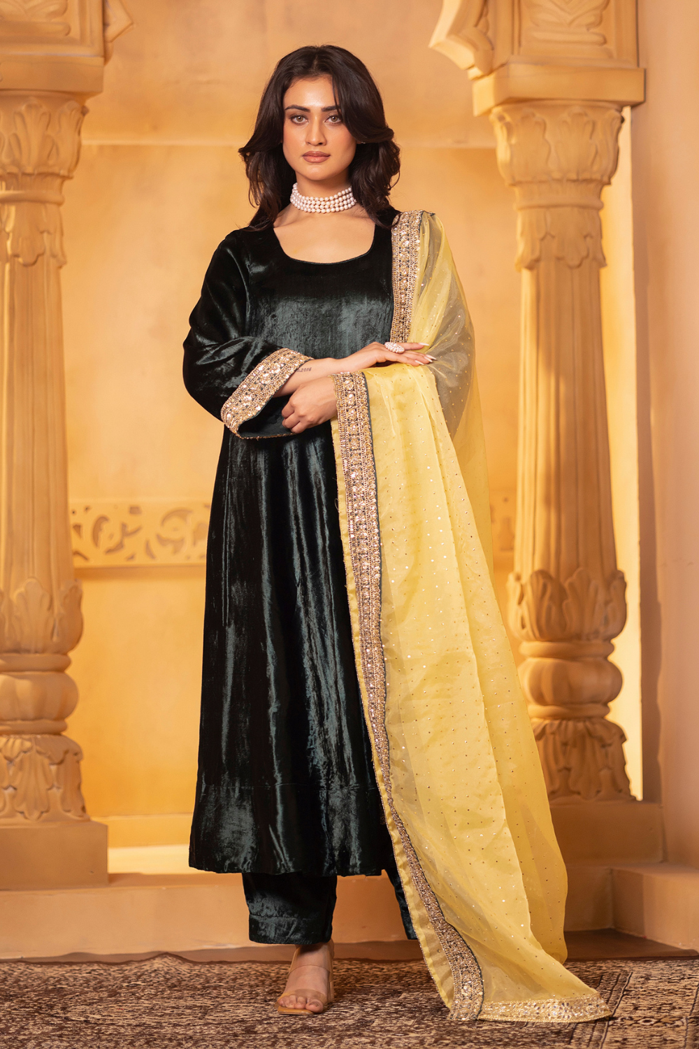 Emerald Velvet Anarkali Set