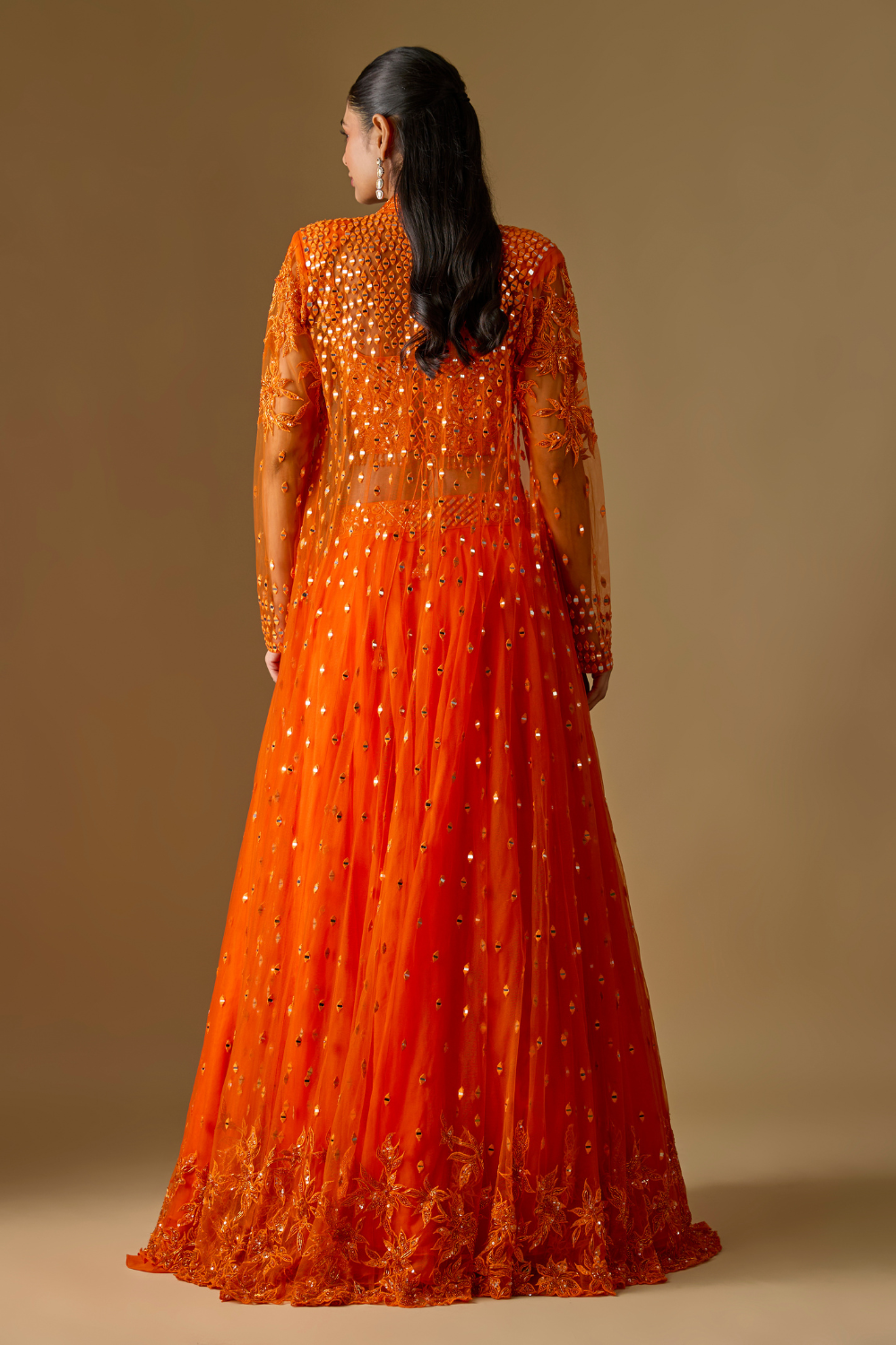 Salora- Orange Long Jacket with Corset Blouse and Organza Lehenga