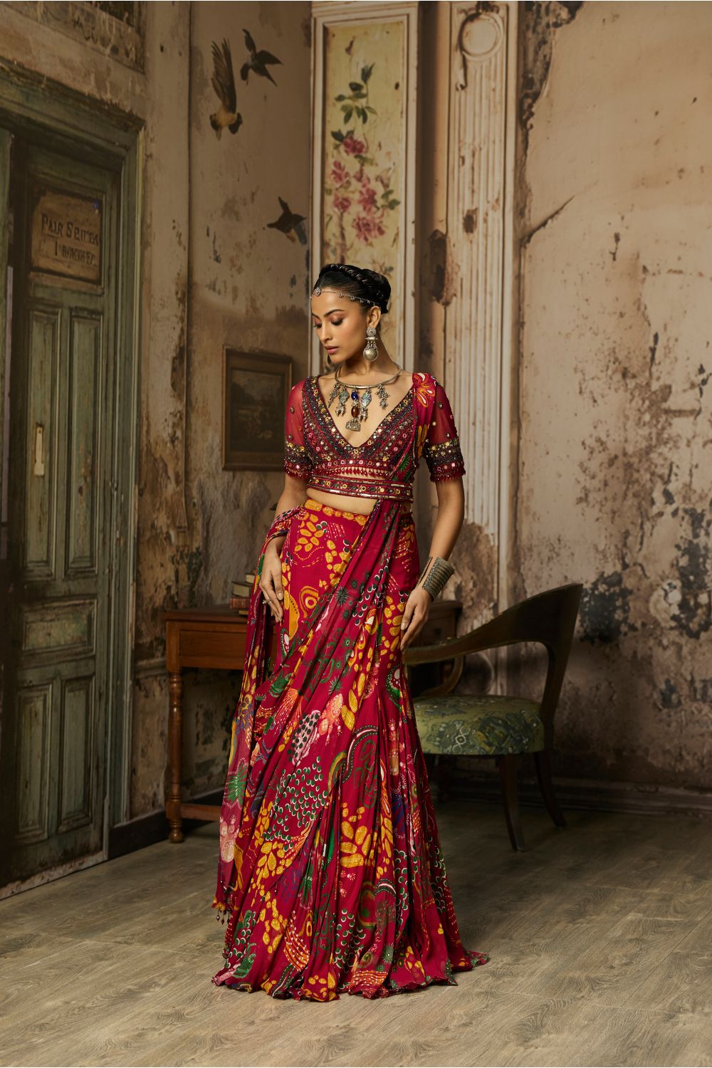 DEEP RED EMBROIDERED BLOUSE WITH MERMAID SKIRT SAREE SET