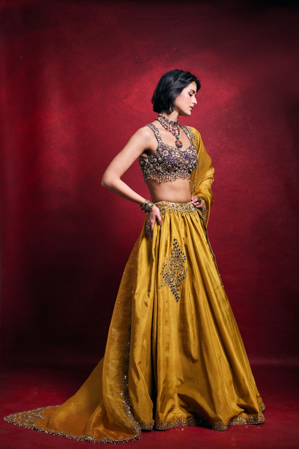 MUSTARD CRUSHED LEHENGA SET